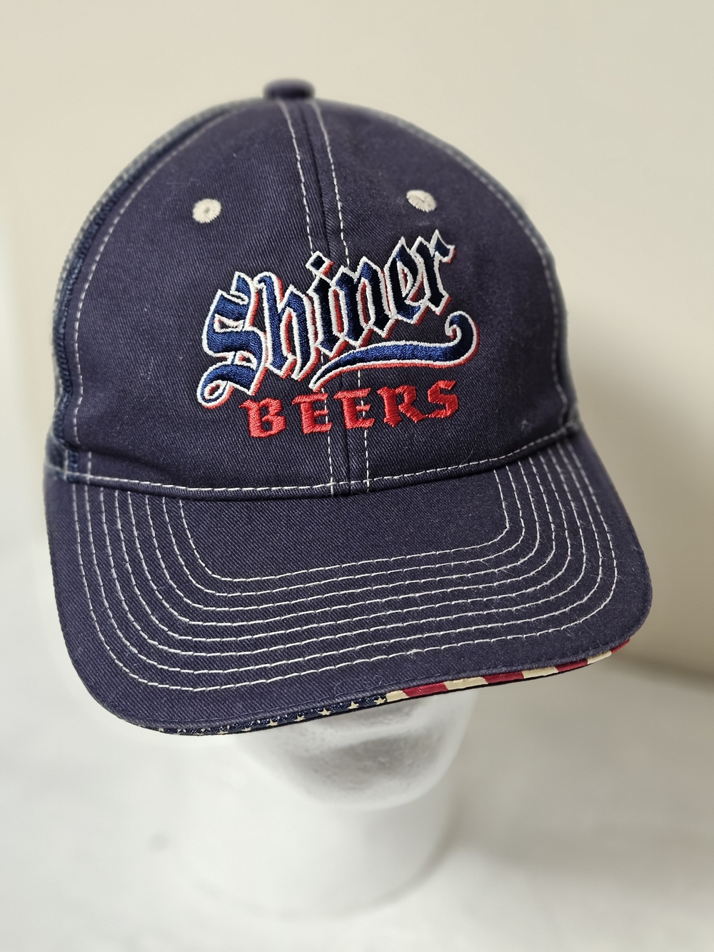 Shiner Beers Trucker Hat Snapback Patriotic USA Flag Brim Navy Cap Brewery